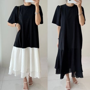 요루 새틴 캉캉 훌 롱 원피스 퍼프 77사이즈 모임룩