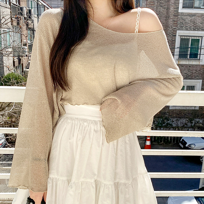 봄 여름 텐텐샵 얇은 시스루 니트 티셔츠 루즈핏 브이넥 긴팔 크롭 여성 니트티 데일리룩