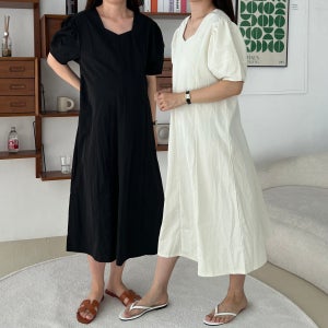 바스락원피스 여름 반팔 스퀘어넥 롱 루즈핏 퍼프소매 빅사이즈 3040대 장마룩 임산부옷