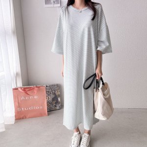 1586. 단가라 스트라이프 배색 라운드넥 루즈핏 오버핏 빅사이즈 데일리 캐쥬얼 박스 반팔 롱 원피스 - 민트, 블랙, 핑크, 옐로우