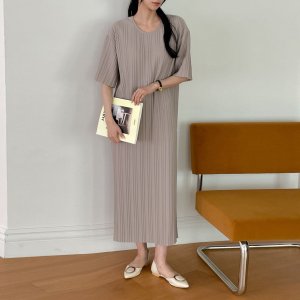 1587. 첼시 주름 라운드넥 루즈핏 오버핏 빅사이즈 파스텔 데일리 캐쥬얼 박스 반팔 롱 원피스 - 소라, 네이비, 블랙, 인디핑크, 베이지