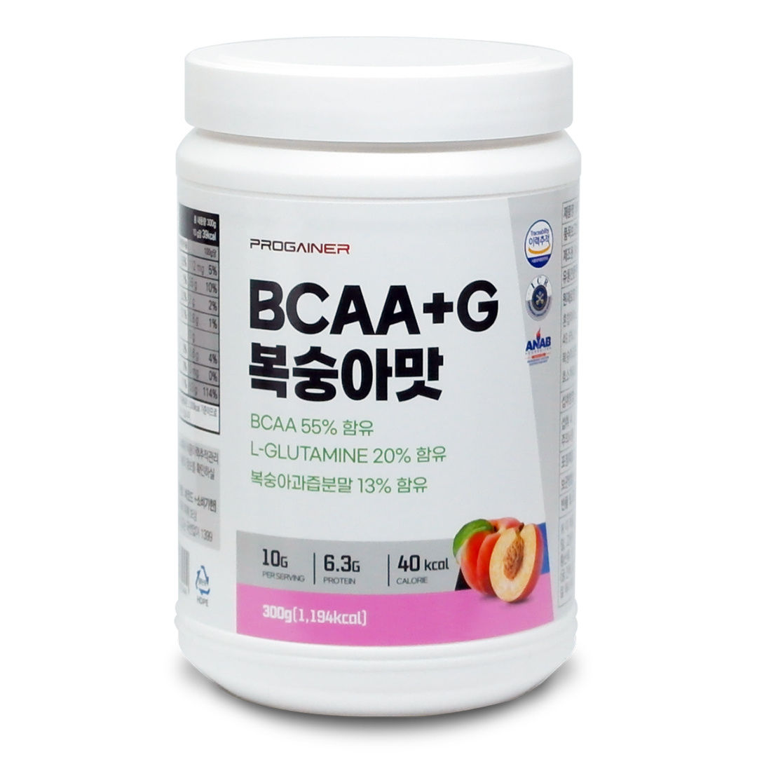 프로게이너 BCAA 글루타민 300g 복숭아맛 류신,이소류신,<b>발린</b> 필수아미노산 파우더