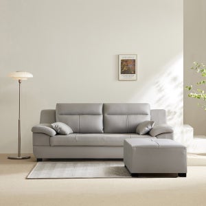 동서가구 천연 면피가죽 테라 소파 스툴포함, 라이트그레이, 3인용