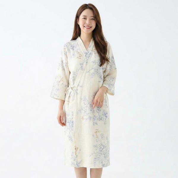 여성 순면 거즈면 유카타 7부 잠옷 로브 샤워 가운