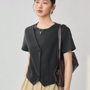 조끼 레이어드 반팔티 2in1 페이크 라운드 티셔츠 일체형