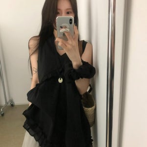 아츠 여성 여름 레이어드 이너 프릴 플라워 자수 브이넥 미디 원피스