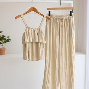 (SET) 올랑 캉캉 프릴 나시 블라우스 + 밴딩 와이드 팬츠 투피스 세트