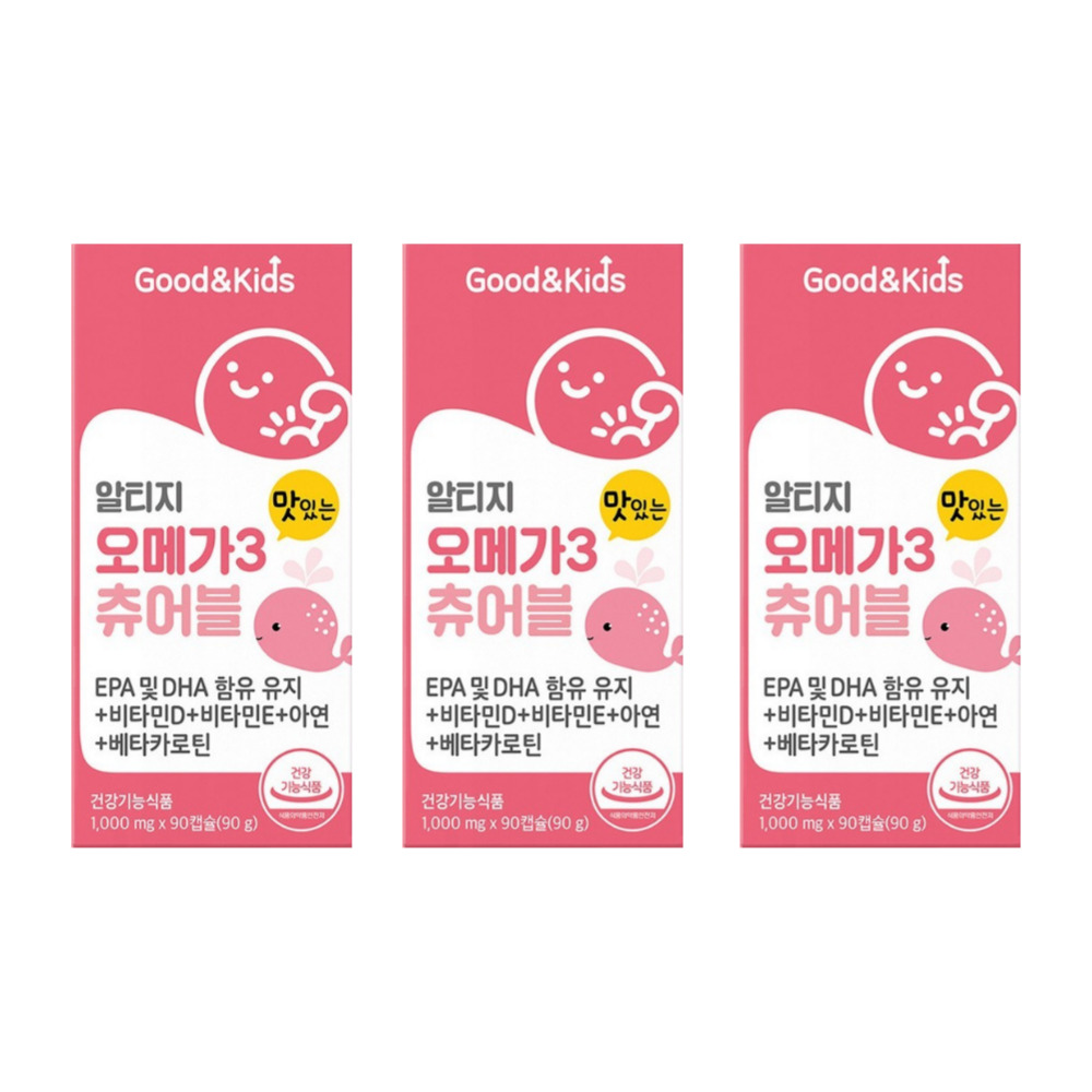 내츄럴플러스 굿앤키즈 알티지 오메가3 츄어블 아기 임산부 <b>피쉬오일</b> 구미 90캡슐, 3개