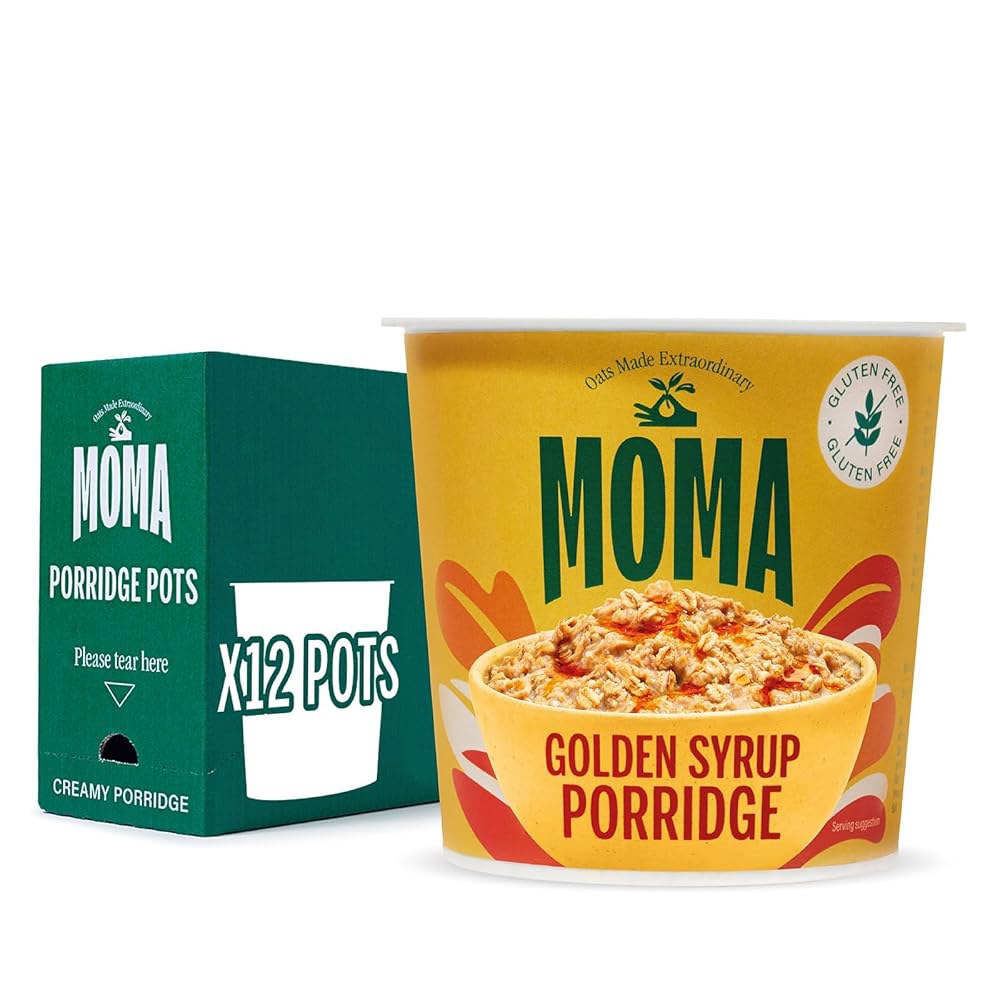 MOMA 인스턴트 죽 냄비 골든 시럽 12 x 70g 팩 천연 향이 나는 아침 <b>점보</b> 오트 글루텐 프리 채식주의자 고섬유질 단백질 공급원 및 <b>비타민 B6</b> 풍부 영국산