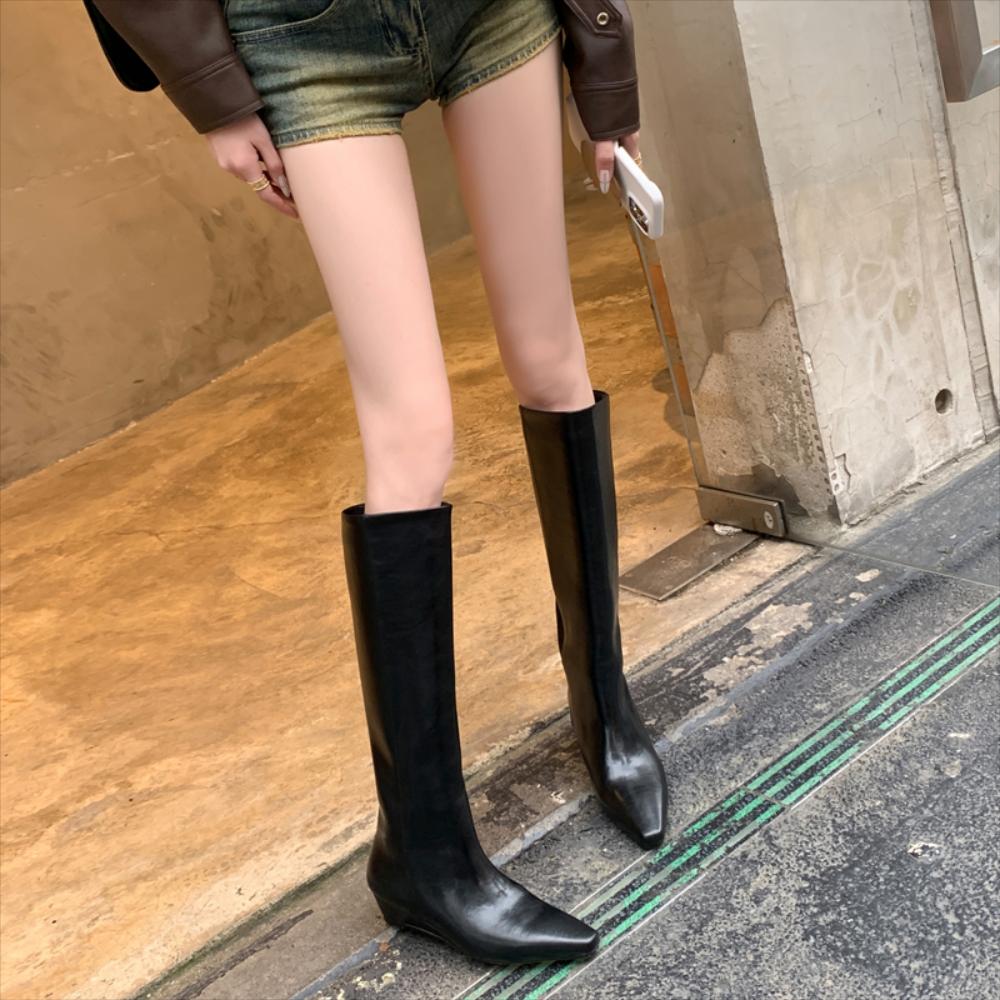 유니크 롱부츠 다리가 드러나는 스트레이트 플랫 웨지 힐 여성용 블랙 니하이 가죽 스퀘어 토