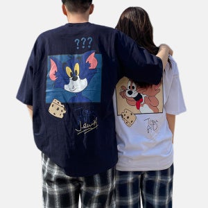 XL-6XL 모노 캣마우스 오버 반팔티 프린팅 커플 빅사이즈티셔츠 남친코디 캐릭터 바이모노