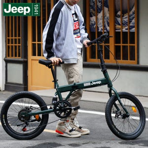 Jeep 완조립 미니벨로 20인치 접이식자전거 7단변속 뒷서스펜션 휴대용 출퇴근 폴딩바이크 그린