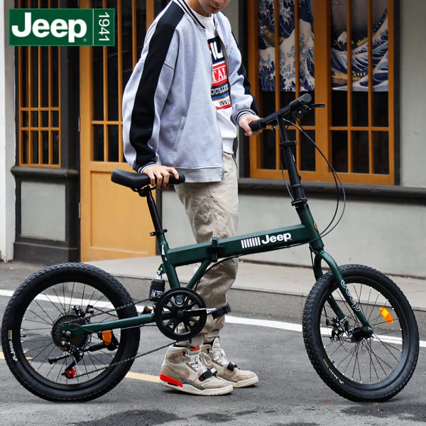 Jeep 완조립 미니벨로 20인치 접이식자전거 7단변속 뒷서스펜션 휴대용 출퇴근 폴딩바이크 그린
