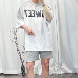 남녀공용 오버핏 SY 워싱원단 스위트 프린팅 반팔 티셔츠(4color)