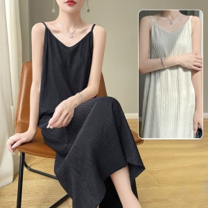 여름 롱원피스 여성 쉬폰 질감이 있는 버블사 끈 나시 원피스