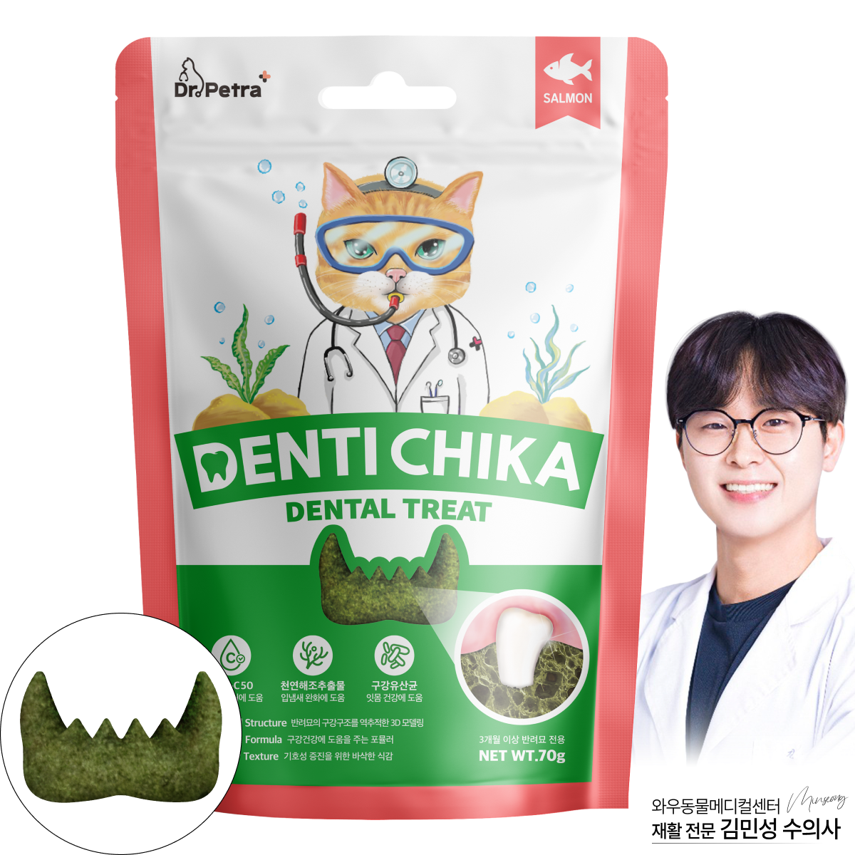 닥터페트라 덴티치카 덴탈트릿 고양이이빨과자 치석제거 간식 연어, 70g, 1개