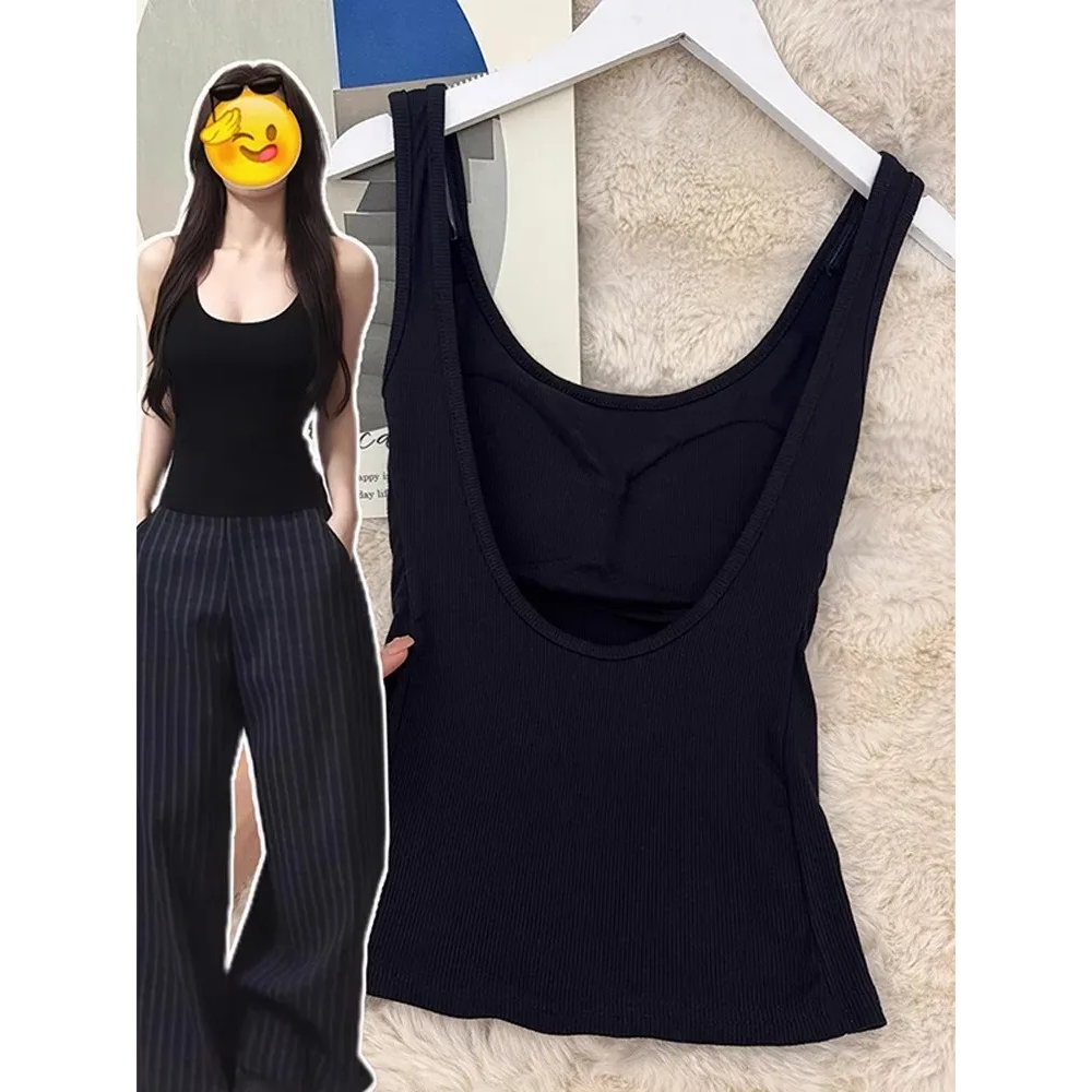 검정 크롭 탑 여성 여름용 슬림핏 탱크탑 패드 포함 세련된 캐주얼 통근 스타일 코튼 블렌드 XL