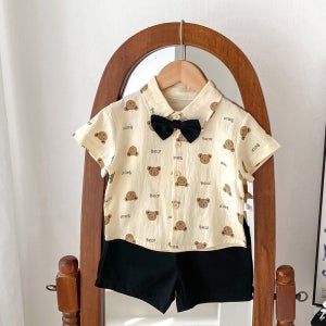 유아동 키즈 남아 큐티 베어 보타이 셔츠 상하세트 여름 형제룩