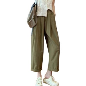 플러스 사이즈 여성 속건 팬츠 여름 슬림핏 9부 스트레이트 올리브그린 XL 60~70kg