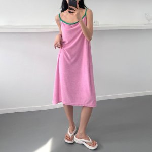 1638. 태리수건타월 수영복 비치웨어 레이어드 배색 민소매 나시 루즈핏 꾸안꾸 미디원피스 - 핑크, 그린, 블랙