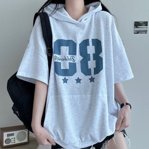 핏예쁜 80프린팅 꾸안꾸 여름 반팔 후드티 3col