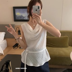 2963. 벨트SET 드레이프넥 슬림핏 여리 시스루 데일리 페미닌 로맨틱 러블리 민소매 나시 블라우스 - 화이트, 크림, 소라, 그레이, 블랙