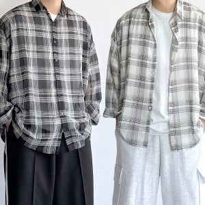 1+1 남자 얇은 시스루 체크 무늬 셔츠 오버핏 커플 남방