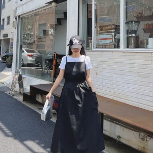 포켓 스트링 레이어드 A라인 카고 멜빵 나일론 나시 롱 원피스 아이보리 베이지 연카키 블랙
