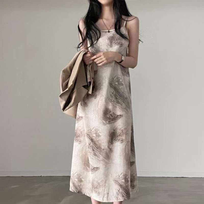 나염 뷔스티에 여름 원피스 베이지 롱