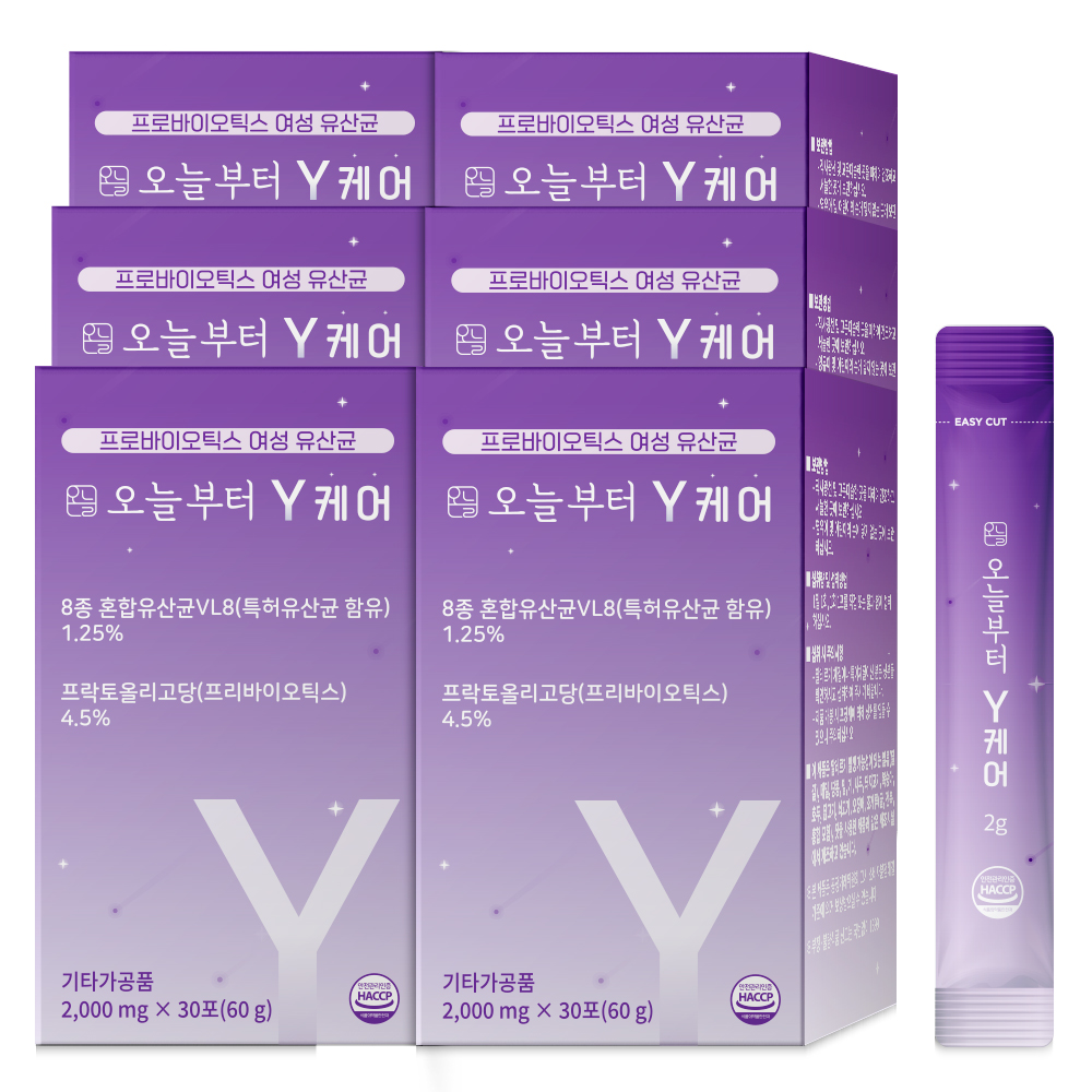 오늘부터 Y<b>케어</b> 질 <b>유산균</b> 프로바이오틱스 유래 장 건강 30포, 6개
