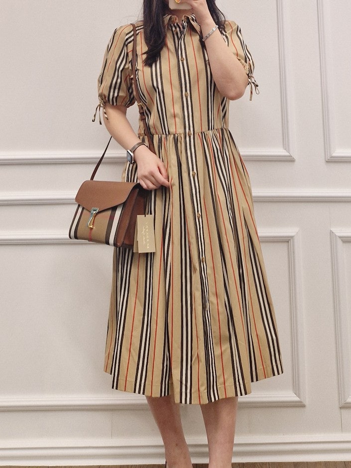 버버리 매딩턴 아이콘 스트라이프 반팔 리본 원피스 ARCHIVE BEIGE 80843171