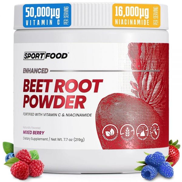SPORTFOOD 나이아신아미드 비타민 C가 함유 비트 뿌리 파우더 순환 에너지 체력 <b>슈퍼</b>푸드 비건 <b>운동 전</b>