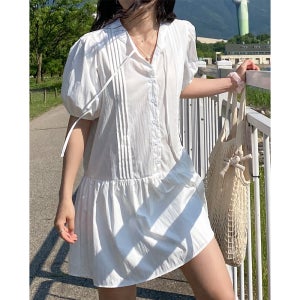 퍼프 미니 원피스 반팔 루즈핏 여름 핀턱 셔링 플레어 여행 바캉스룩 화이트 블랙 하객룩
