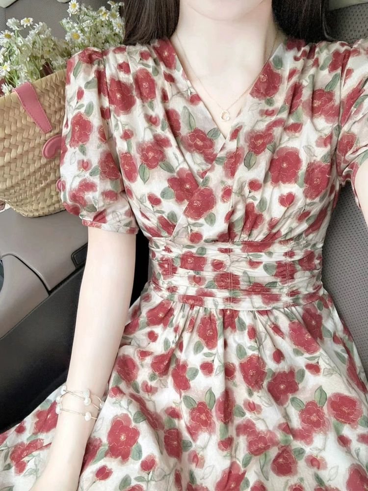 레트로 프렌치 레드 꽃무늬 원피스 여름 롱 미니 여성 A라인 V넥 드레스