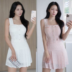 지나Q986 (민소매 스타일 러블리 화사한 미니 투피스세트) 온걸 / 홀복