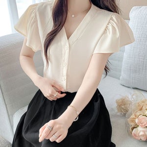 [루씨앤] 모나코 브이넥 반팔 프릴 반팔 셔츠 여성블라우스 정장 셔츠 하객룩 럭셔리 2302