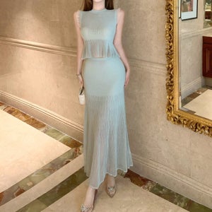 민트 블루 니트 슬리브리스 셔츠 하이웨이스트 피쉬테일 스커트 투피스 세트