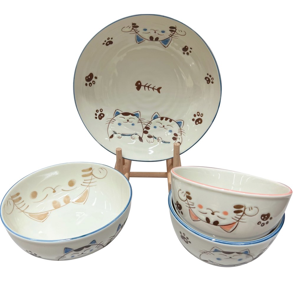 반찬그릇 반찬 앞접시 그림 그릇 5점 보울 고양이 다는 도자기 야채 옵션