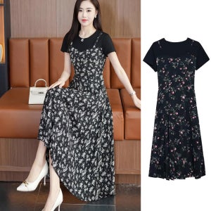 빅사이즈 쉬폰원피스 여성용 플라워 패턴 페이크 투피스 스커트