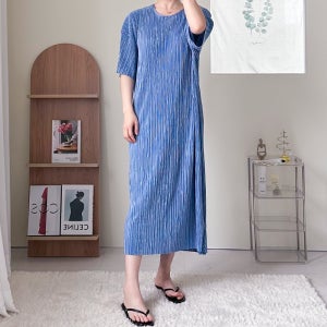 플리츠 디자인 반팔 라운드넥 롱 원피스 여성용 여름 스타일