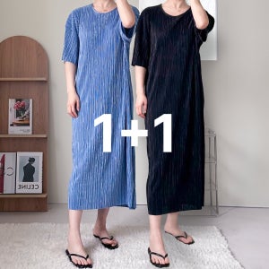 1+1 플리츠 디자인 반팔 라운드넥 롱 원피스 여성용 여름 스타일