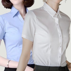 [1+1] 슬림핏 여성 반팔 셔츠 캐주얼 여름 정장 카라 블라우스 화이트 블랙 블루 핑크