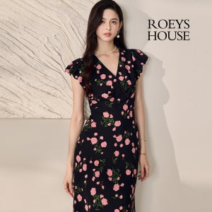 ROEYSHOUSE 소피아 브이넥 플라워 새틴 원피스 러플 슬리브 로이스하우스