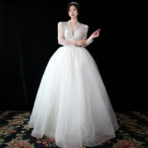 비즈 웨딩드레스 구매 S- 6XL 빅사이즈 본식 벨라인 긴팔 셀프 드레스