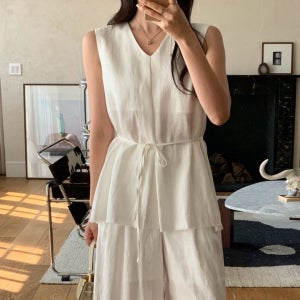 린넨 텐셀 브이넥 튜닉 허리끈 블라우스 하객룩 출근룩