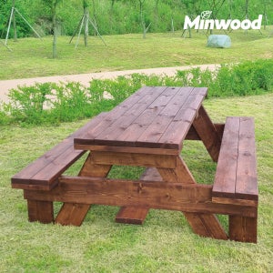 미엔우드 정품형 야외테이블 야외용 원목 테이블 세트 평상 탁자 피크닉 편의점 벤치 10인 2050mm, 월넛색