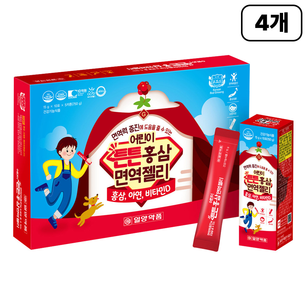 일양약품 어린이 튼튼<b>홍삼</b> <b>면역</b><b>젤리 15g</b> 50포, 4개
