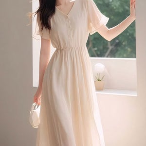 [루씨앤] 미프 브이넥 반팔 하이웨스트 플레어 롱 여성쉬폰원피스 하객룩 결혼식 여름 5139