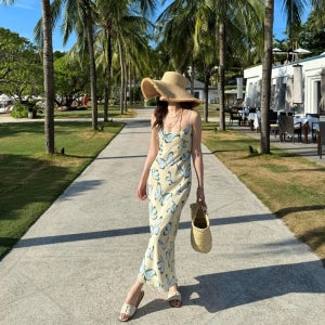 LF 해변 스타일 롱 드레스 여름 비치 휴가 인쇄 패션 원피스 편안한 트렌디 여성 나비