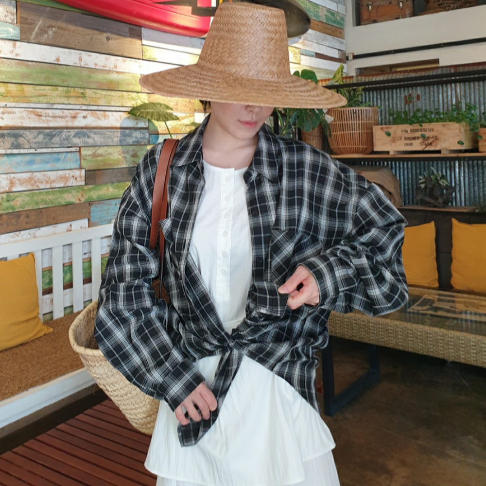 플레인 체크남방 시어서커 오버핏 루즈핏 박시핏 여름 셔츠 아이보리 블랙 2color